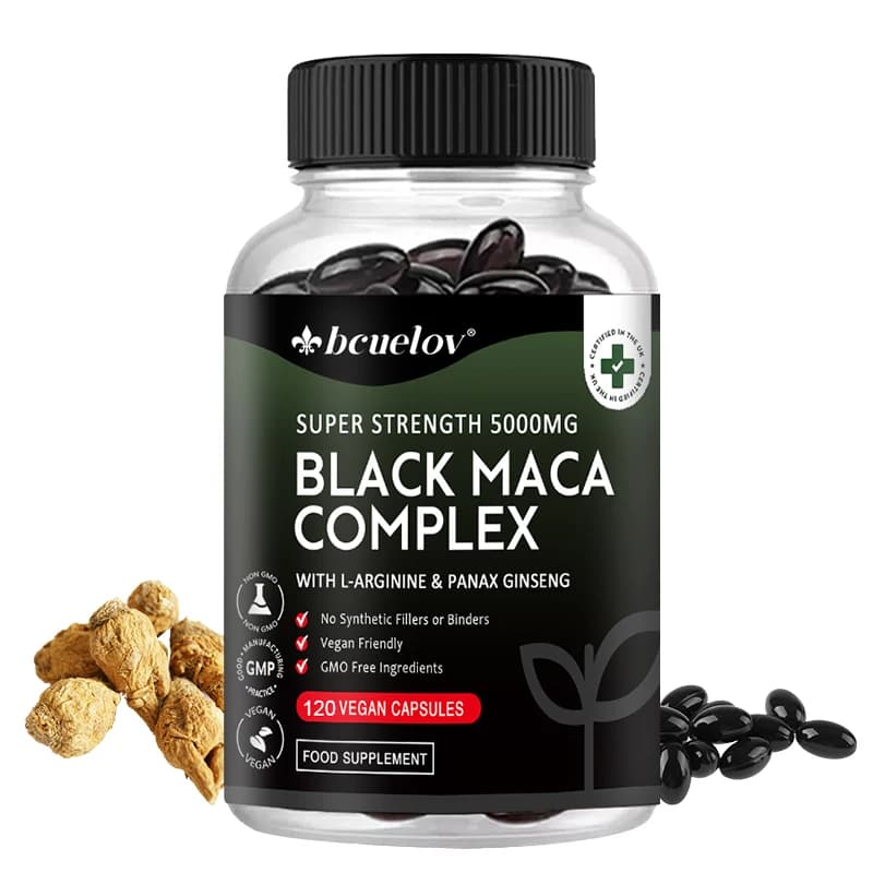 Black maca extract and ginseng, vitamin supplement, supports energy, muscles, endurance, athletic performance, 120 capsules