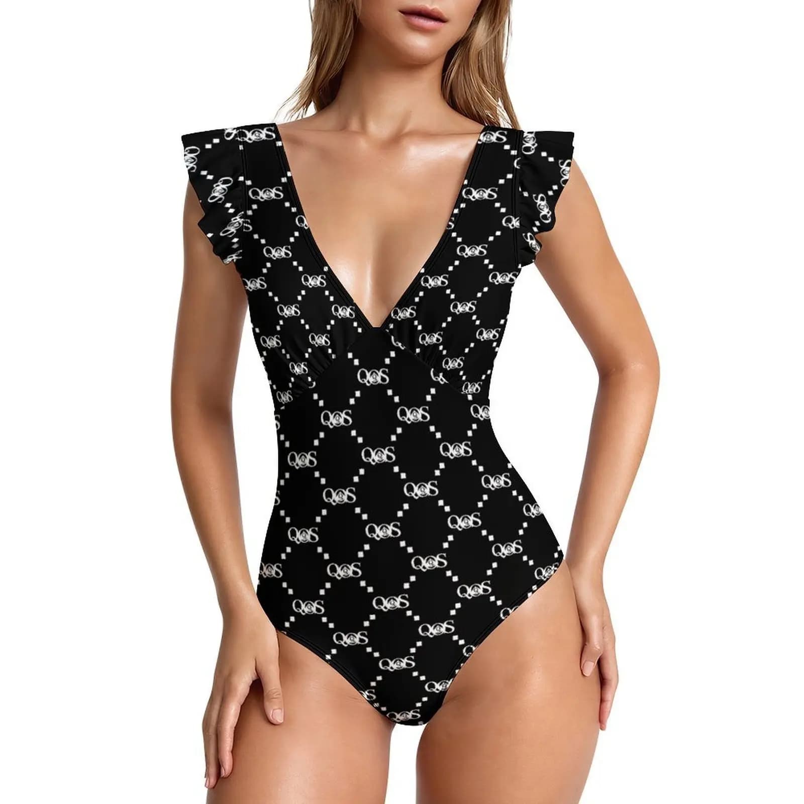 Costume da bagno intero da donna con stampa QoS, bordo arricciato e scollo a V profondo, ideale per feste in spiaggia
