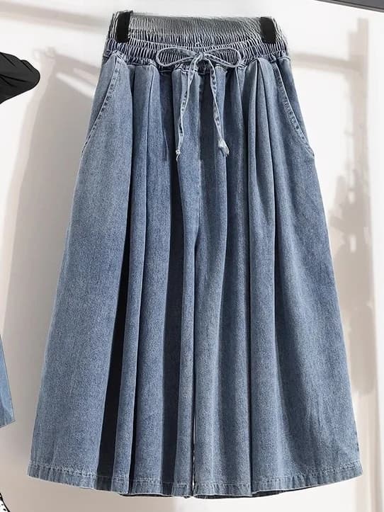 Pantaloni Larghi a Gamba Larga con Vita Elastica, Jeans da Donna Casual e alla Moda, Plissettati a Tre Quarti, Nuovi Arrivi Primavera-Estate