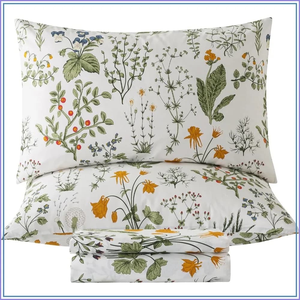 King Size Cotton Percale Sheets - Green Floral Botanical Print Bed Set with Deep Pocket 17.5'' 4Pcs
