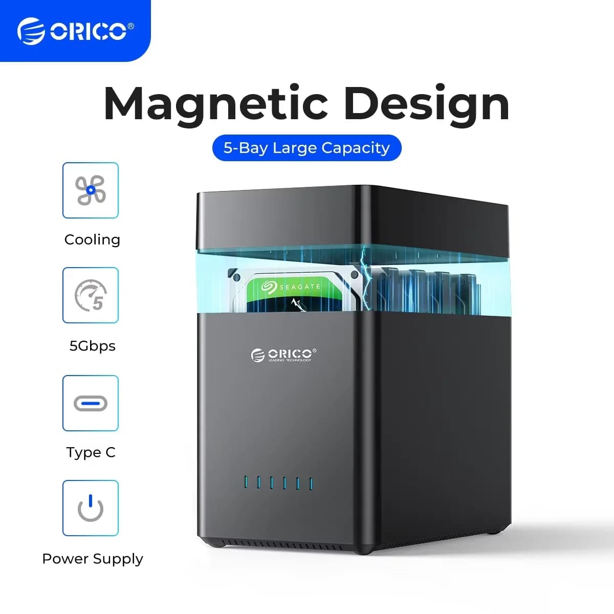 ORICO 5 Bay DAS custodia per disco rigido da 3.5 pollici da USB 3.0 a SATA custodia per disco rigido esterno per custodia HDD da 3.5 pollici magnetica