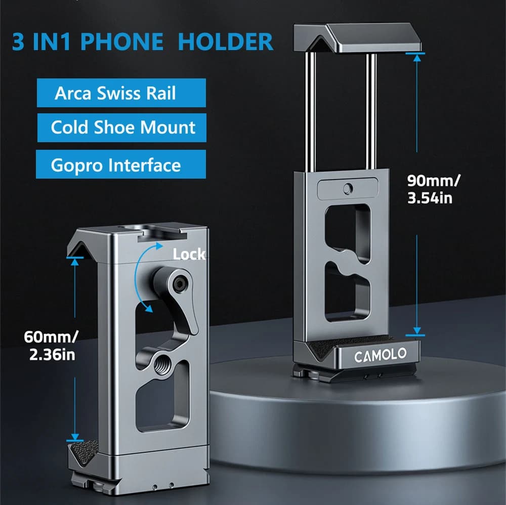 Supporto per treppiede per supporto per telefono in alluminio 3 IN 1 con morsetto per telefono Arca Swiss+ColdShoe+Gopro per iPhone 16/15/14 /13/12/Samsung