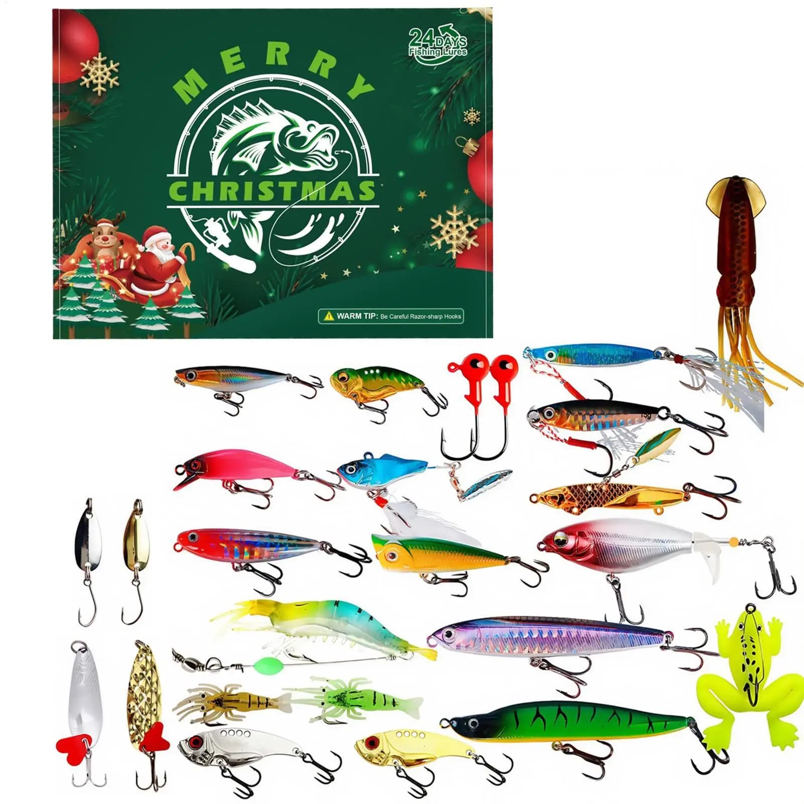 Calendario per attrezzatura per pesci Avvento Calendario natalizio 24 giorni Avvento Esche realistiche Set per pescatore d'acqua dolce d'acqua salata Uomini adulti