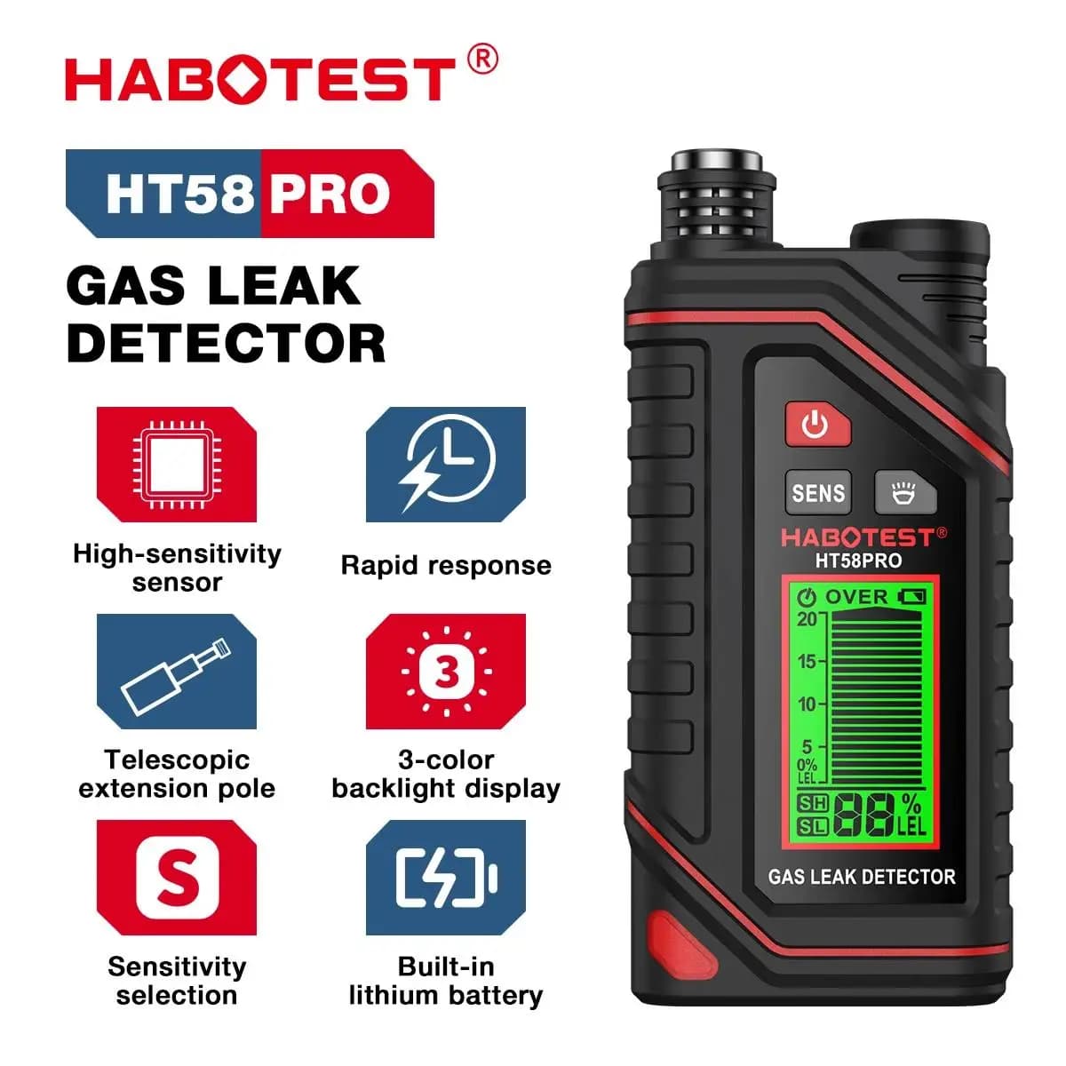 HABOTEST HT58PRO Gas Leak Detector Gas High Precision Gas Sensor Sensitive Sensor Portable Combustible Gas Detector
