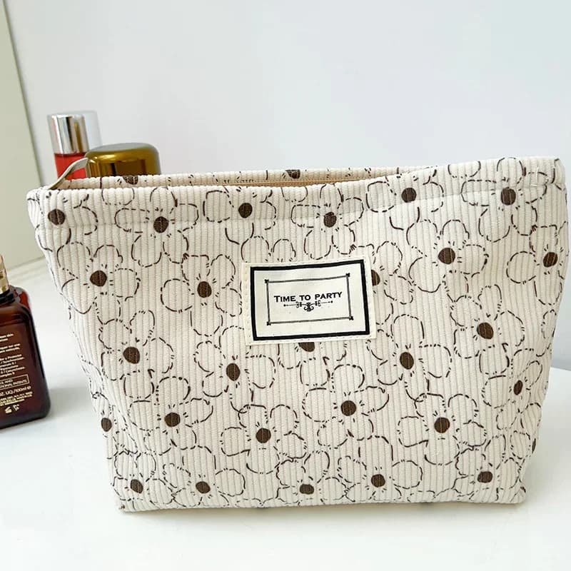 Borsa per il Trucco in Velluto a Coste Floreale Stile Ins, Pochette Portatile con Cerniera per Donna, Organizer da Viaggio per Cosmetici e Prodotti per la Cura della Pelle