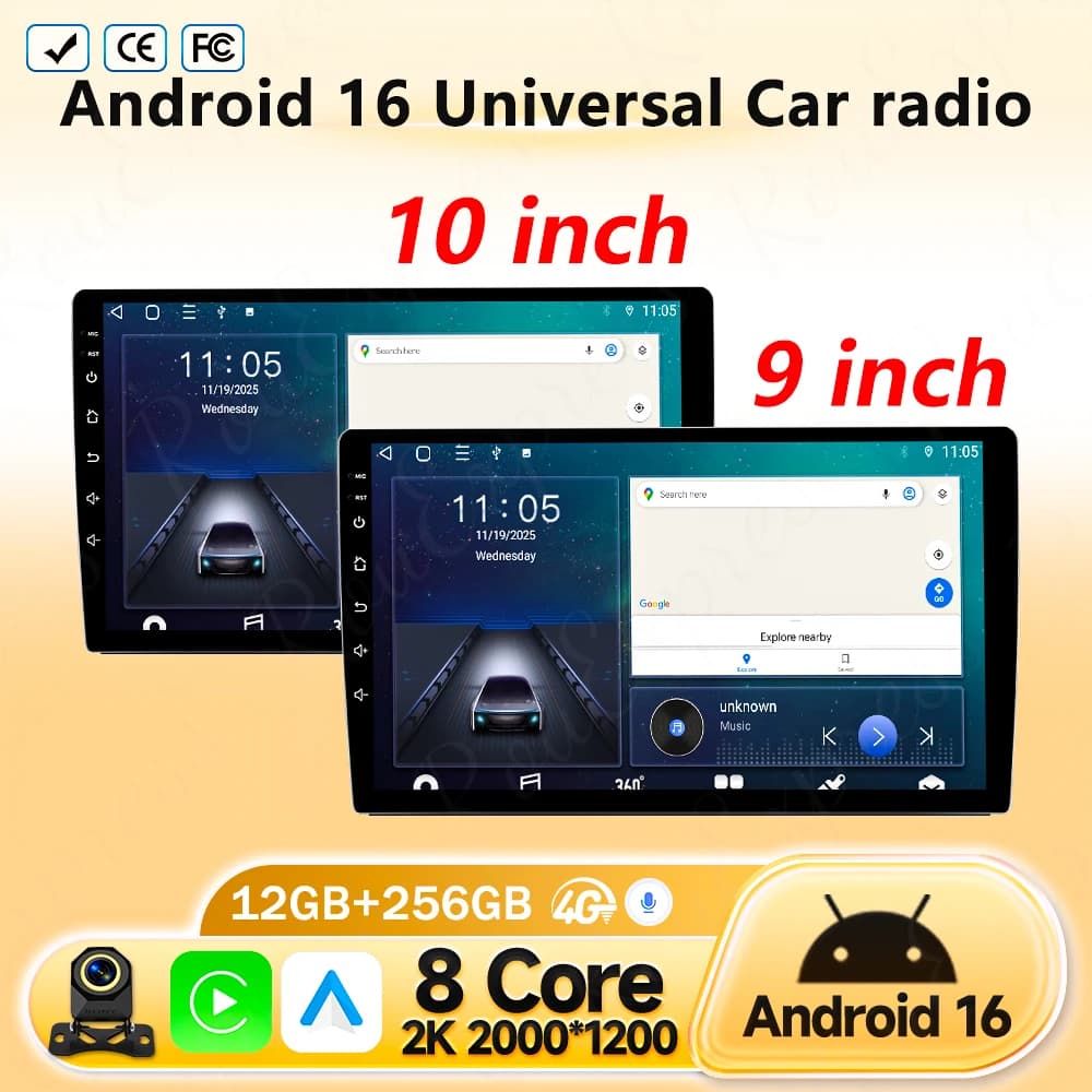 Autoradio Android 16 universale da 9/10 pollici con CarPlay, Android Auto, GPS, lettore multimediale 2 DIN, WiFi, schermo QLED e Bluetooth
