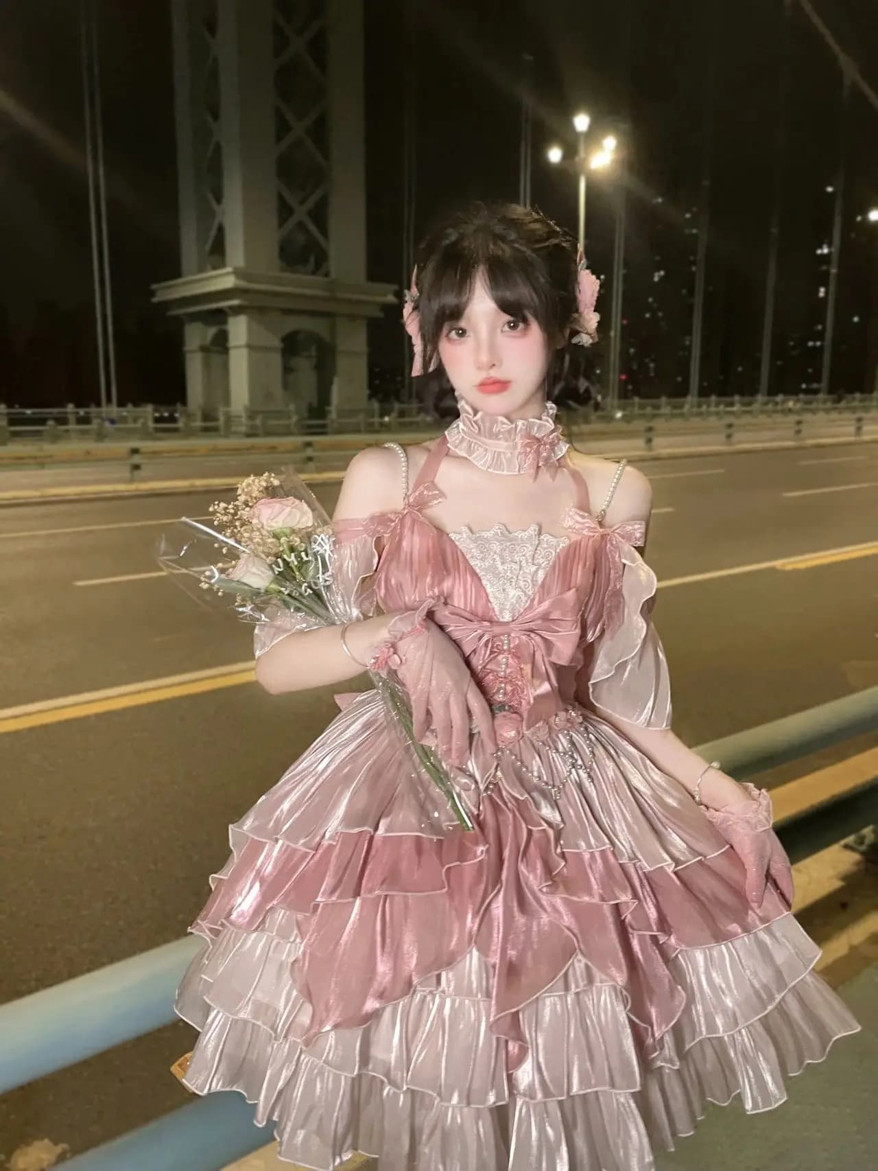 Abito da sposa Lolita con gonna a fiori rosa, elegante vestito da principessa fatata, grandezza e splendore in ogni dettaglio per le donne attente alla moda