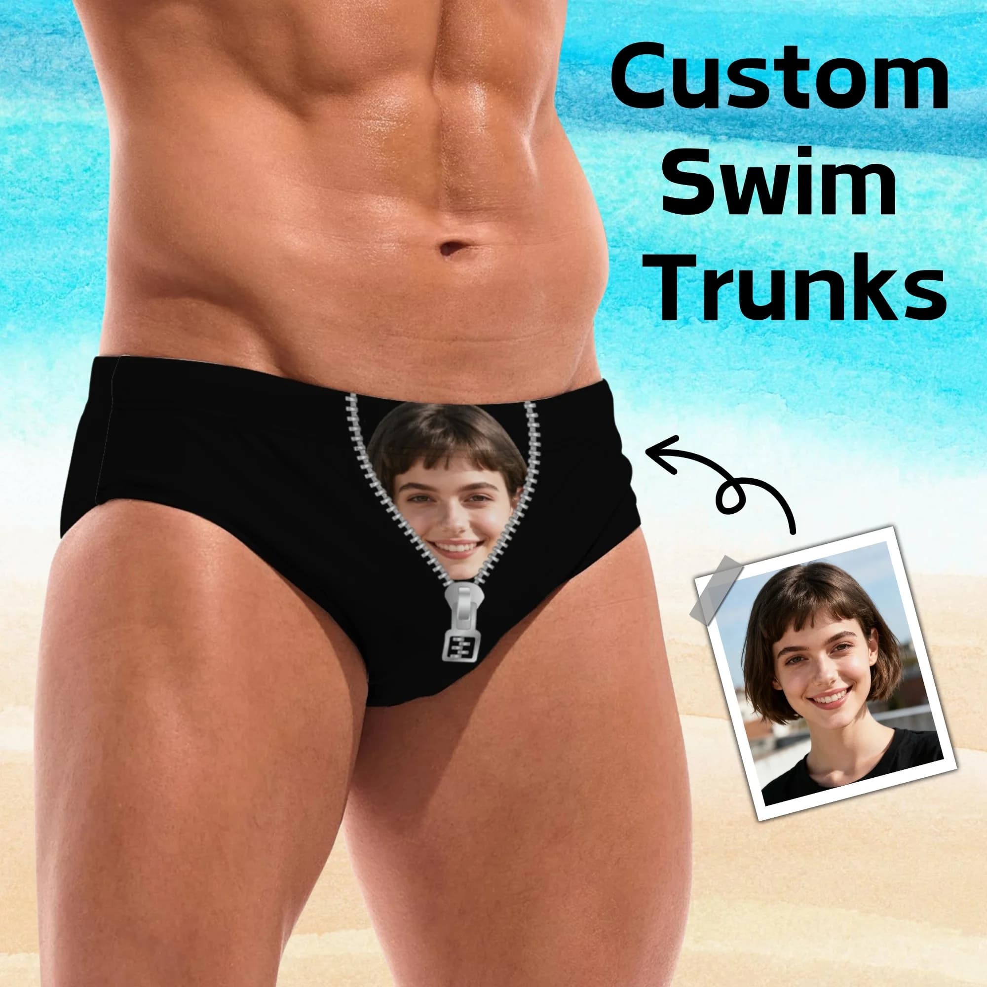 Personalized Swimwear for Men, Sexy Slip with Custom Photo Printing, Beach Shorts and Surf
