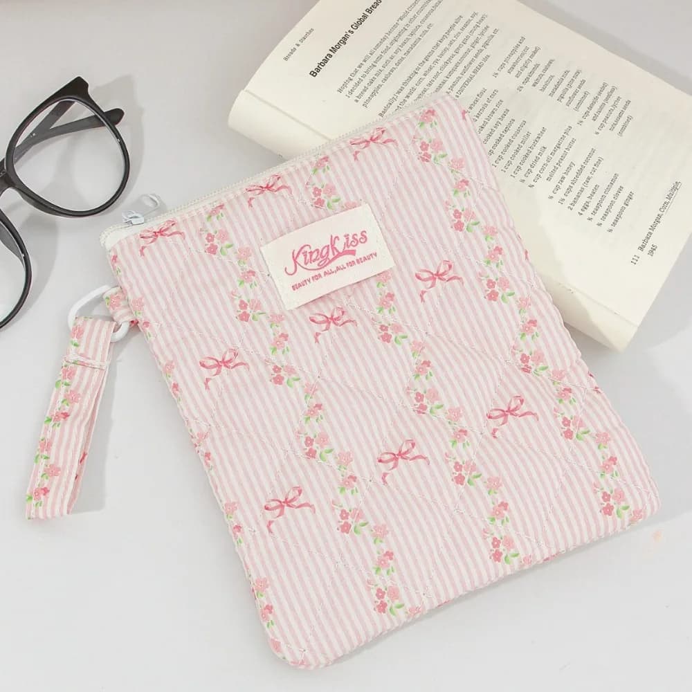 Cute Floral Plaid Print Tablet Bag Cartoon Handheld Storage Bag Portable Travel Pouch Girl Handbag