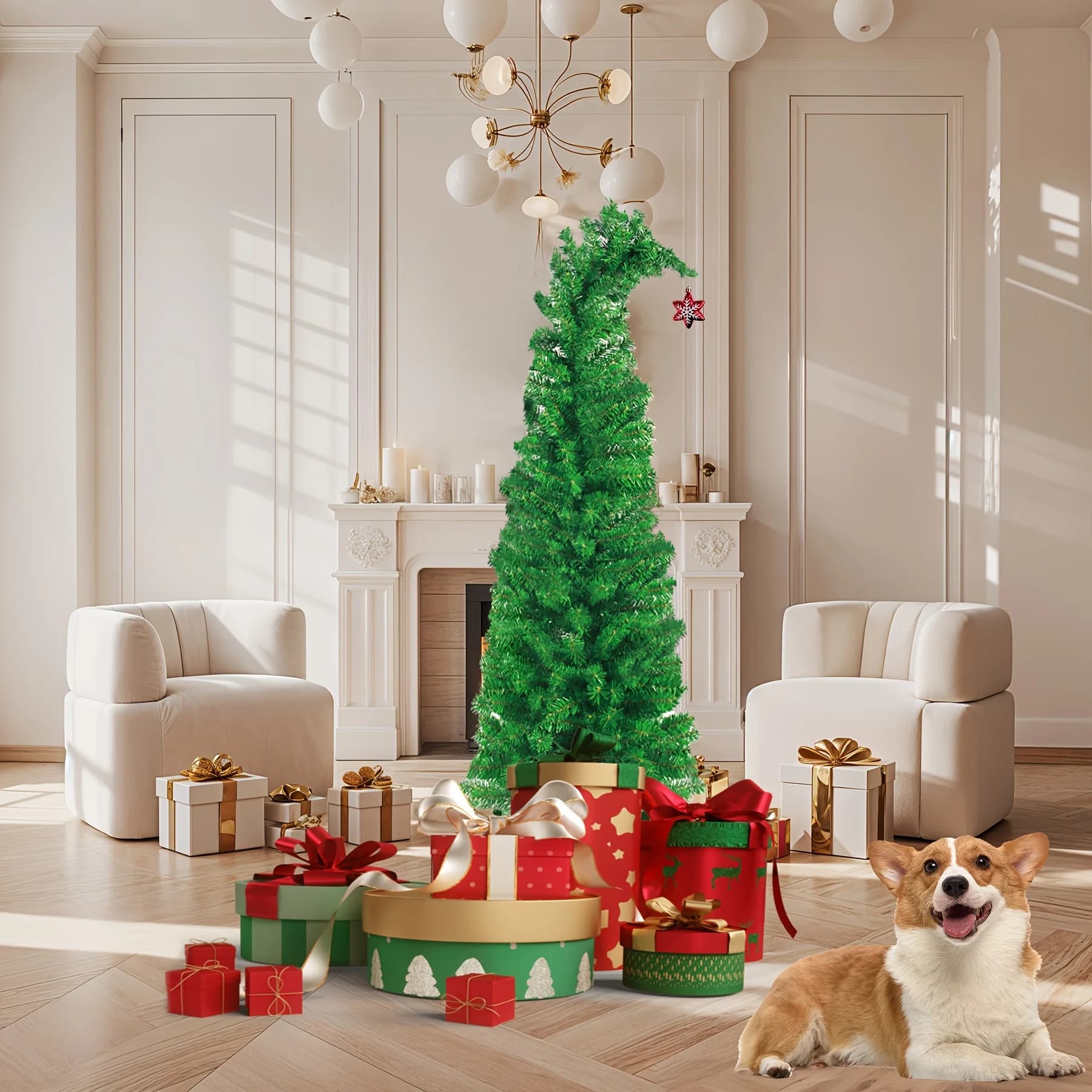 Artificial Spruce Christmas Tree with a Green Drooping Design, Featuring a Metal Stand And PVC Branches - Perfect for Decorating Homes Or Offices, As Well As for Christmas Or Easter Parties And Outdoor Settings