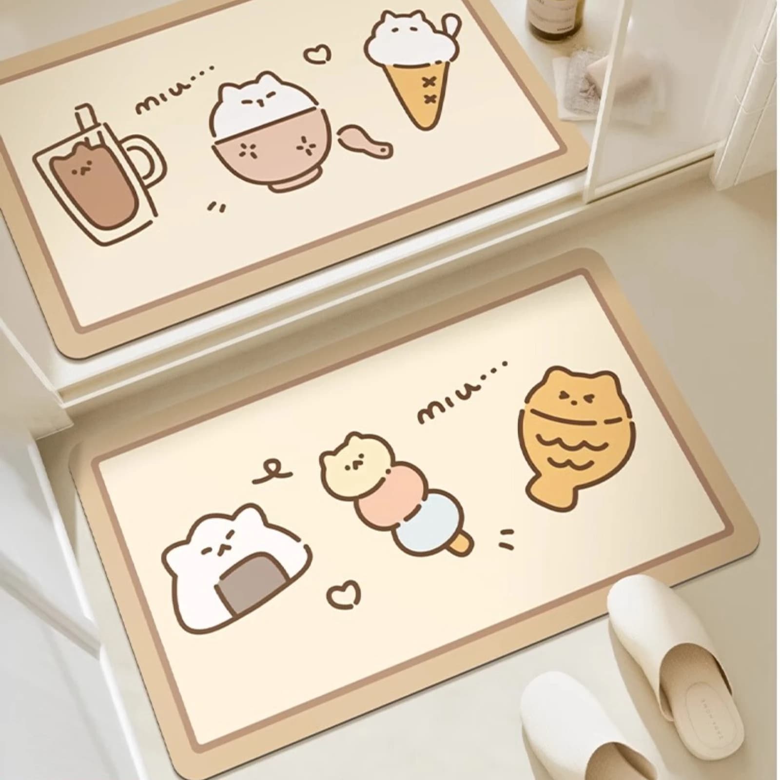 VIKAMA Cute Cartoon Snack Cat Bathroom Doormat Kawaii Food Kitten Print Soft Water‑absorbing Non‑slip Household Entry Floor Mat