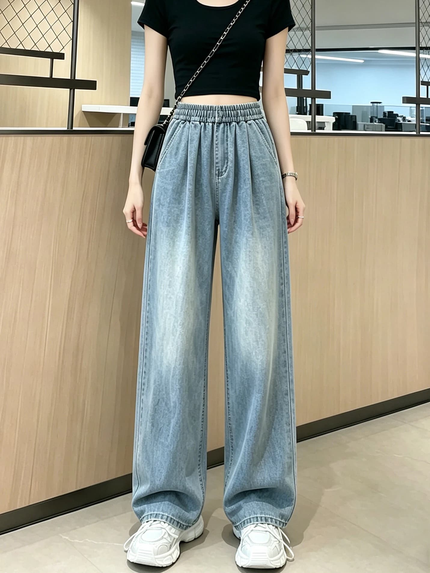 Washed Silk Denim Jeans Women's Summer New High Waist Loose Slimming Drape Thin Floor-Length Pants Commute Style Pure Color