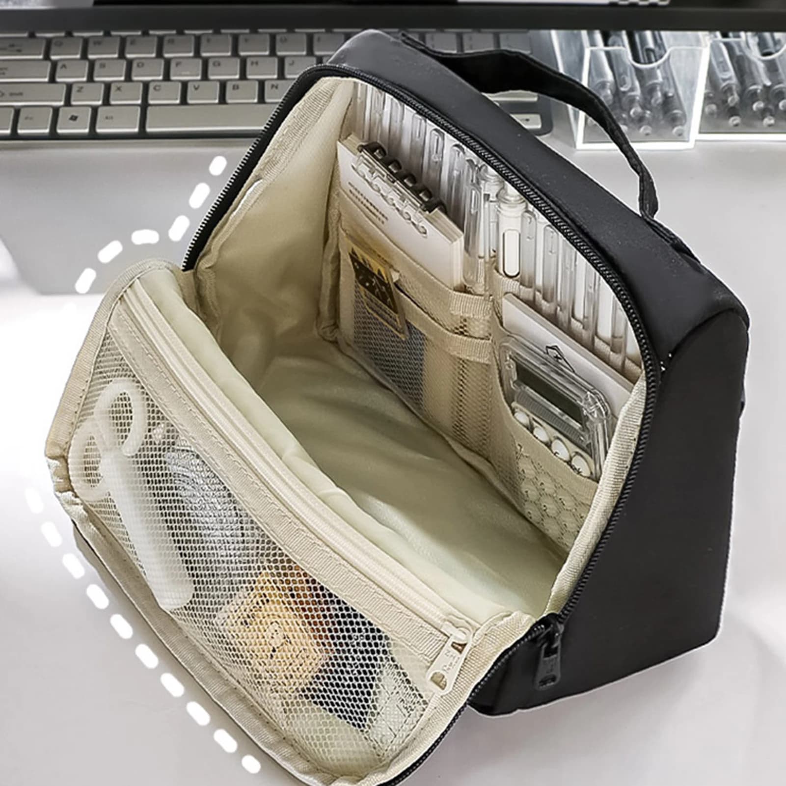 Astuccio di Grande Capacità Nero Minimalista in Stile Giapponese, Organizer per Cancelleria Studenti, Borsa per Conservazione di Articoli Scolastici e da Ufficio