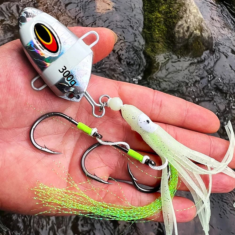 1pc Esca Luminosa 100g Lento-Shaking Calamari Testa di Metallo Gonna Esca Per Mare Profonda Acqua Salata Barca Da Pesca A Tonno Merluzzo esca da pesca