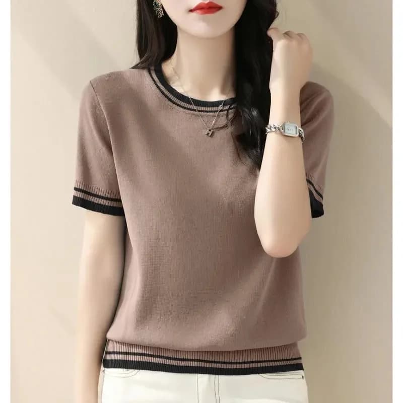 Nuovo maglione lavorato a maglia con scollo a V estivo da donna maniche corte maglioni pullover camicia casual slim fit in maglieria che tocca il fondo