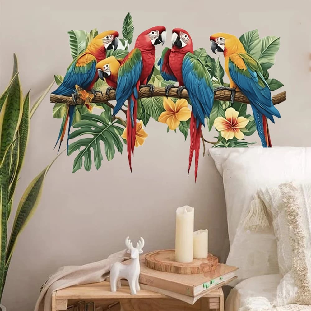 3 pezzi pappagalli sul ramo adesivi murali camera da letto sala giochi vivaci fogliame tropicale uccelli adesivi murali asilo nido soggiorno