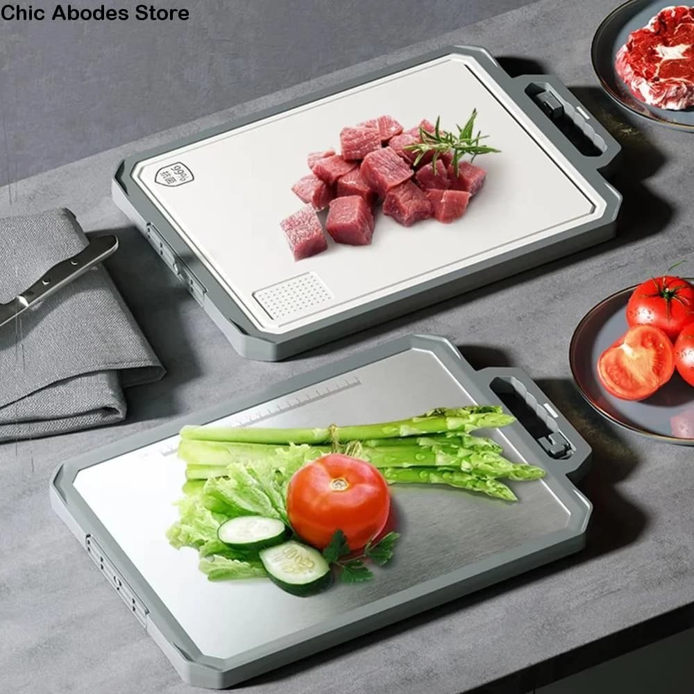 Tagliere in Acciaio Inossidabile a Doppio Lato, Spesso, con Affilatore Integrato, Anti-Graffio, per Uso in Cucina