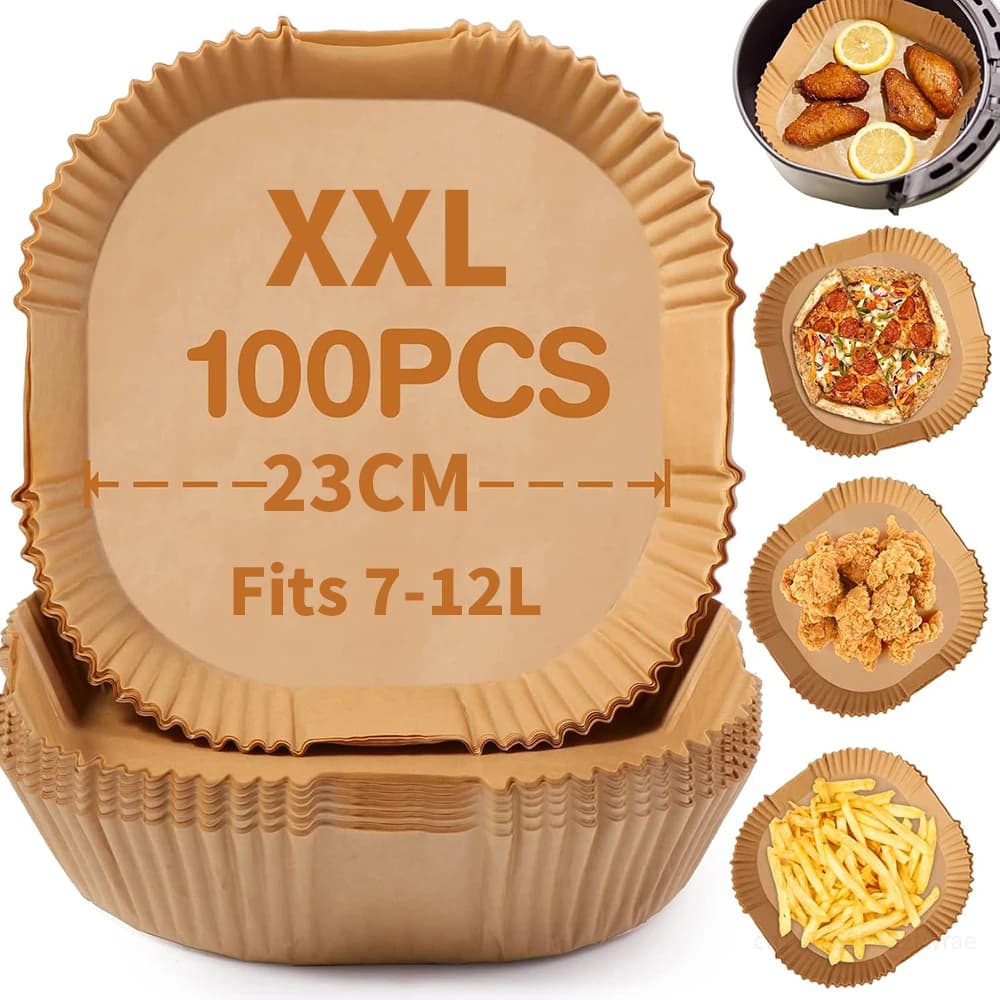 Carta da forno quadrata XXL 23CM per friggitrice ad aria, carta usa e getta antiaderente e resistente all'olio per friggitrice ad aria da 7-12 L, forno e microonde