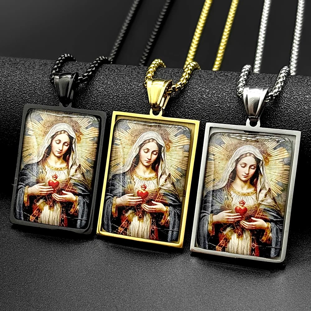 Sacred Heart Virgin Mary Glass Medal Square Pendant Necklace for Women Men Stainless Steel Gold Color Catholic Amulet Jewelry