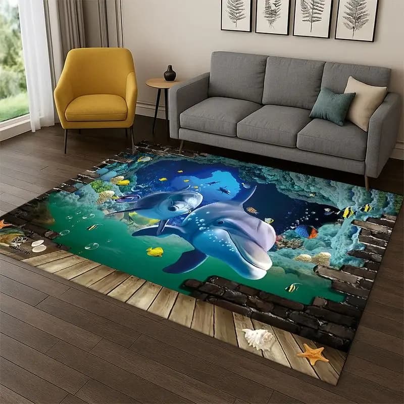 Tappeto 3D con illusione ottica di un mondo subacqueo, vita marina, squalo, delfino, cartone animato, per camera da letto, soggiorno, divano, zerbino, antiscivolo, per bambini