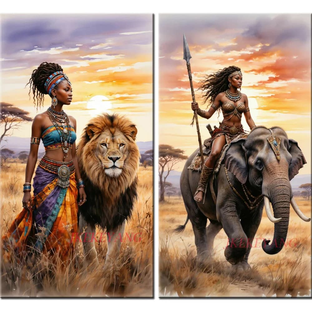 African Woman Lion and Elephant Picture DIY Diamond Painting Cross Stitch Full Drills Diamond Mosaic New Collection Home Decor