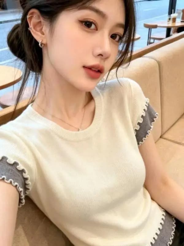 Korean Style Sweet Color Block Knitted Top Slimming Wood Grain Fake Two-Piece Summer New Fashion Women's T-shirt