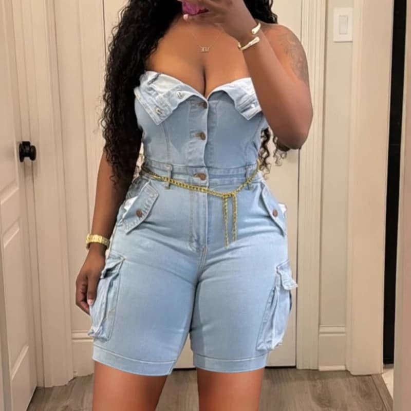 Tute di jeans da donna Salopette di jeans senza maniche senza spalline in un pezzo Pantaloni Pagliaccetti Y2k Streetwear Tute corte con tasche