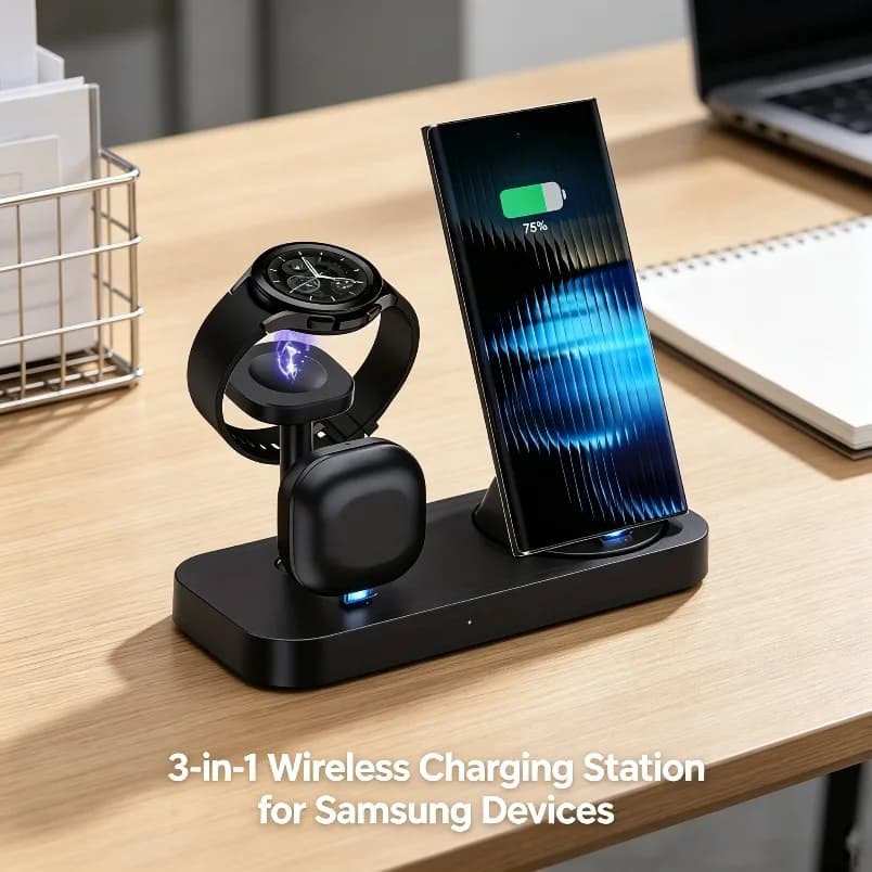 3 in 1 Wireless Charger Dual Coil Fast Charging Stand Anti-slip Safe Charger for All Qi Devices Samsung Galaxy Series