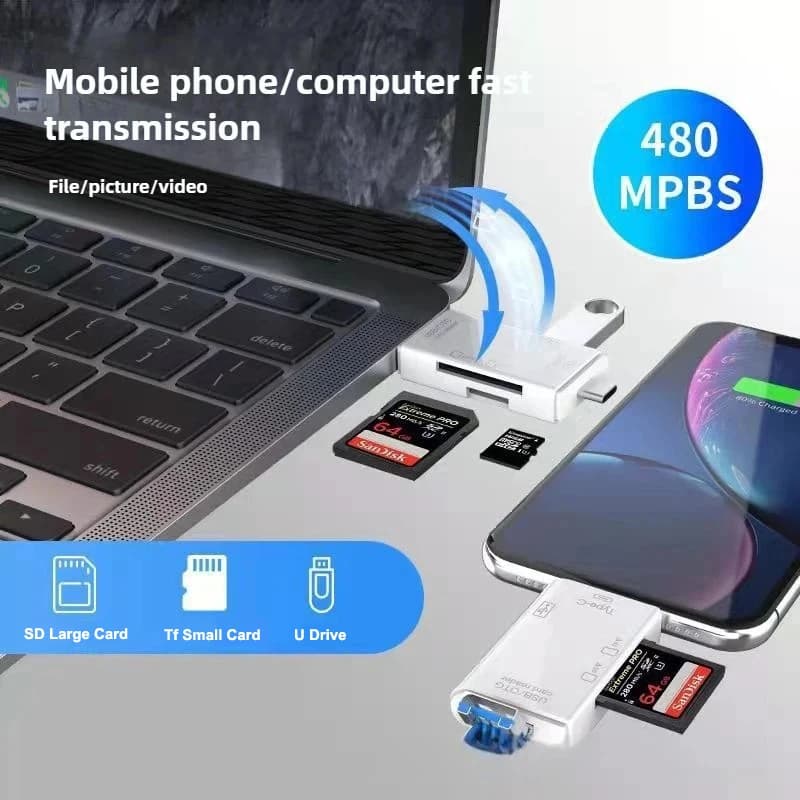 Lettore di schede di memoria TF/SD/USB portatile Micro USB di tipo C 6 in 1, adattatore di trasmissione ad alta velocità per telefono, laptop e computer.