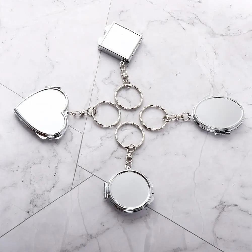 Makeup Mirror Folding Mirror Key Chain with Key Ring Double Sides Makeup Cosmetic Mirror Key Ring Round Heart Portable