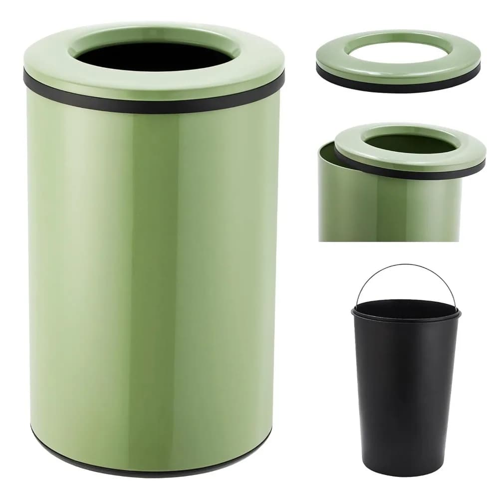 Cestino Rotondo in Acciaio Inox da 40 Litri con Coperchio Aperto e Secchio Interno Rimovibile per Ufficio, Cucina, Bagno, Hotel