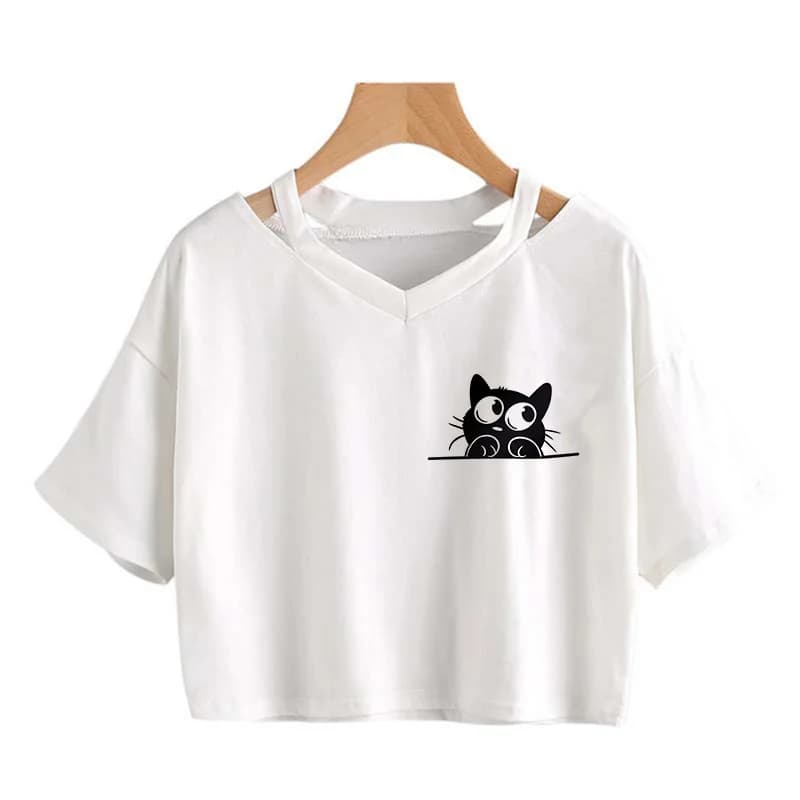 Funny Black Cat Print Cropped T Shirt Women's V-neck Short Sleeve 90s Kawaii Graphic Crop Tops Clothes Girls Cute Kitten Tshirt