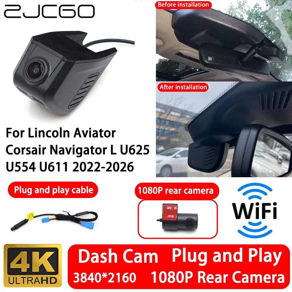Telecamera Anteriore e Posteriore 4K per Lincoln Aviator Corsair Navigator L U625 U554 U611 2022-2026, Dash Cam WiFi Plug and Play, Registratore Video