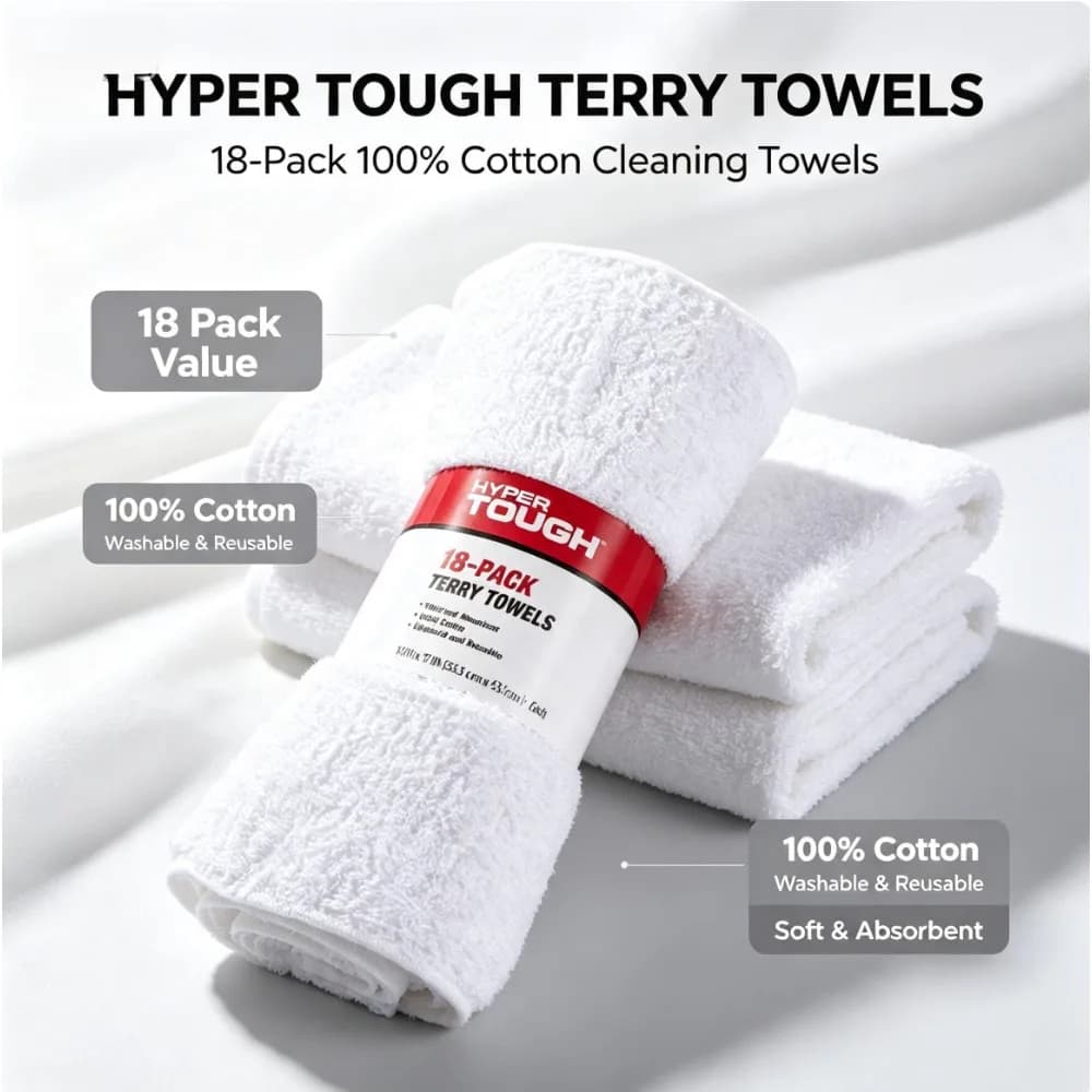 Hyper Tough 18‑Pack White Cotton Terry Towels, 14 x 17 Inch Absorbent Reusable Shop Rags for Garage Household Cleaning Tasks