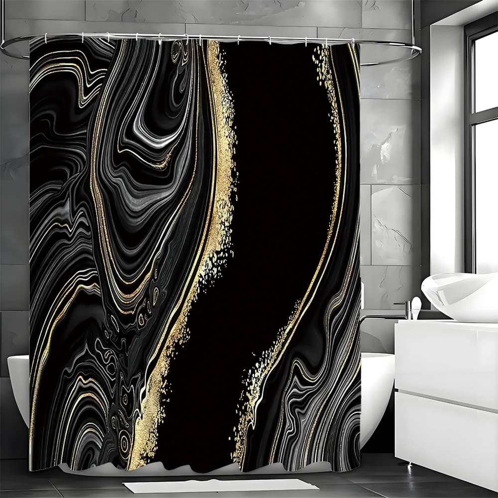 Tenda da doccia di lusso con sfondo astratto, texture liquida in marmo nero e oro, tenda da doccia decorativa per il bagno, impermeabile S
