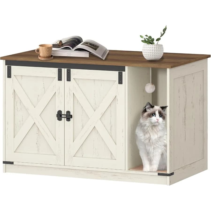 Mobili per armadietto con lettiera nascosta per gatti con campanello per gatti da interni Design in stile fattoria in marrone rustico e bianco 39