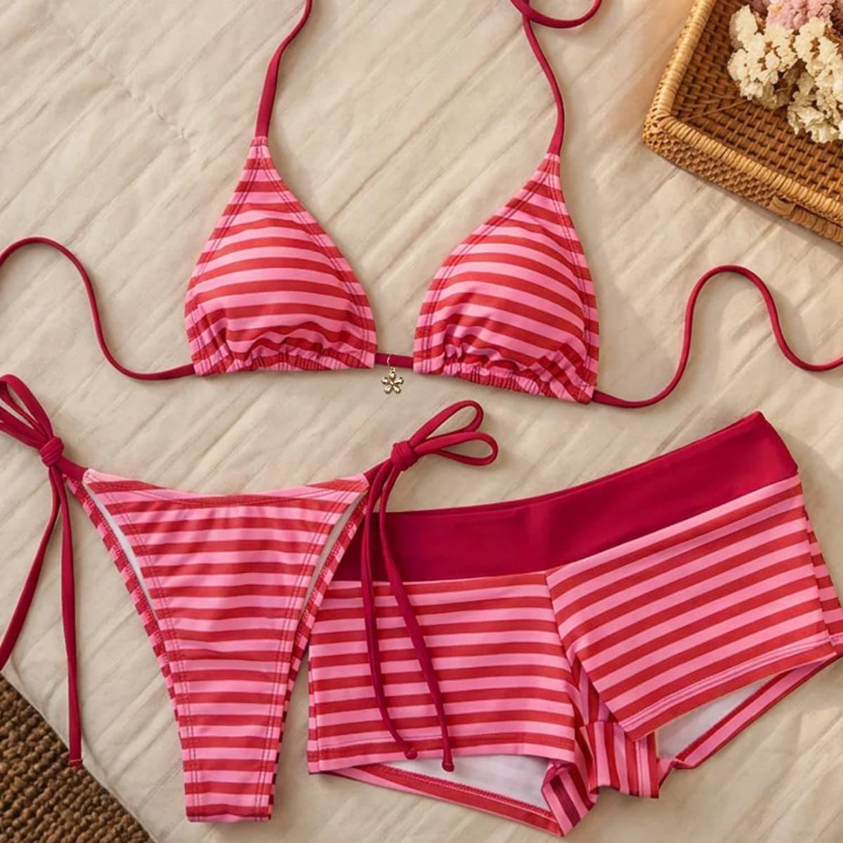 Set bikini da donna in 3 pezzi con stampa, laccetti e pantaloncini piatti, costume da bagno sexy da spiaggia per donna