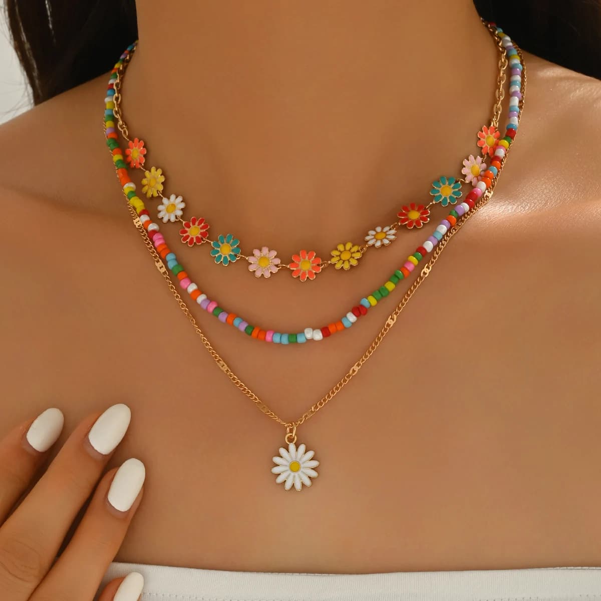 Boho 3 Layer Daisy Necklace Colorful Seed Bead Enamel Daisy Choker White Daisy Pendant Gold Stackable Women Summer Jewelry