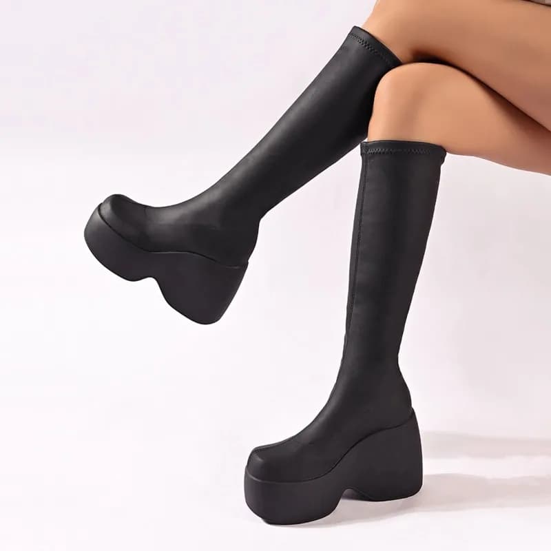 Stivali alla coscia alla moda da donna Autunno Nuovi stivali singoli rialzati con punta tonda e antiscivolo resistenti all'usura