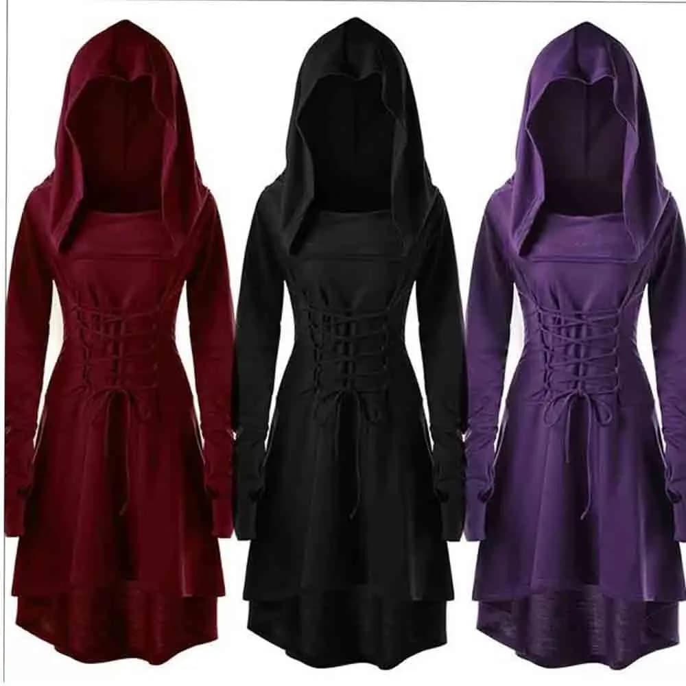 Medieval Renaissance Archer Cosplay Costume Women Vintage Hooded Robe Lace Up Pullover Long Cloak Halloween Party Dress