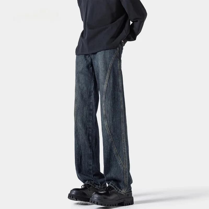 Men High Waist Contrast Stitch Panel Loose Wide Leg Denim Jeans