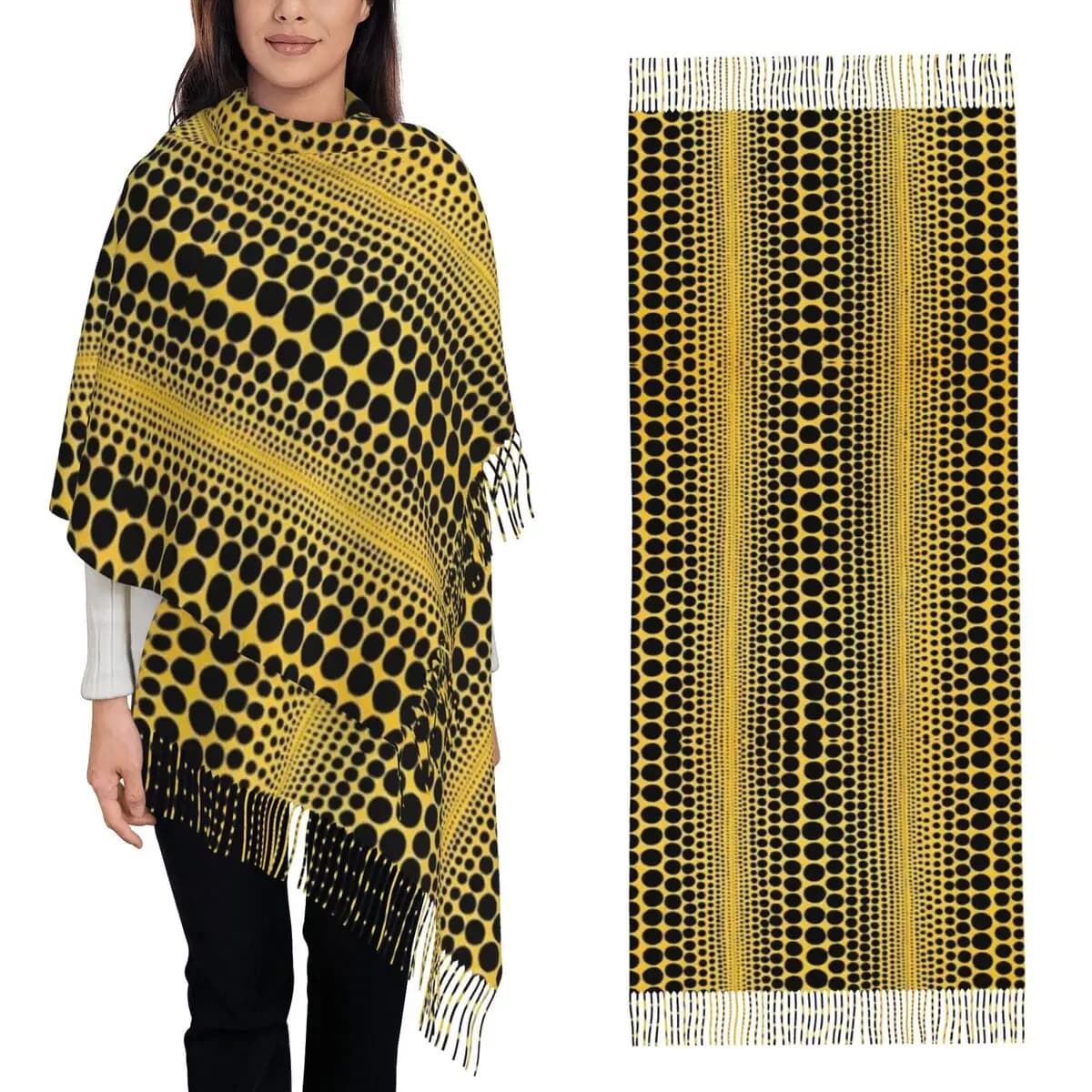 Yayoi Kusama Sciarpa di arte astratta zucca Sciarpe con nappe per donna Scialli e stole morbidi e caldi Grande scialle autunno inverno