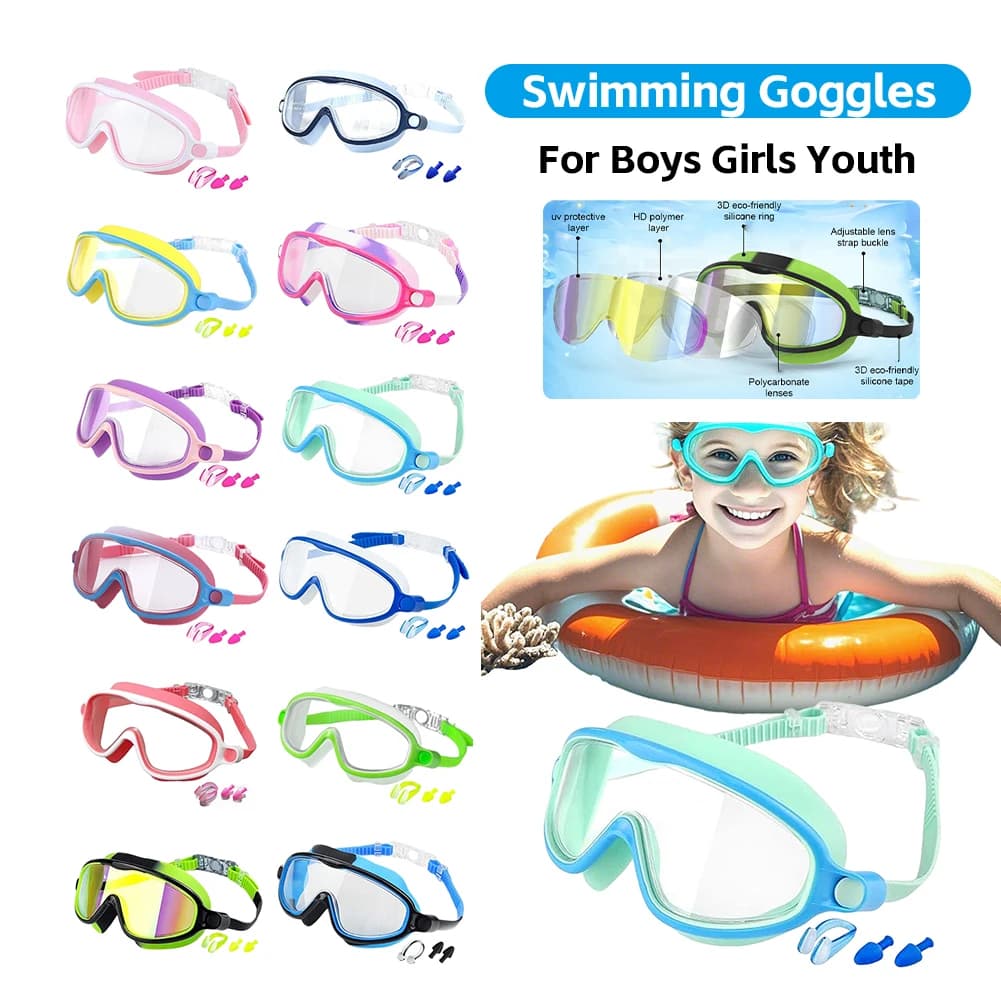Swimwear for children, anti-loss swimming glasses with ear plugs and nose clips, for children from 4 to 15 years old