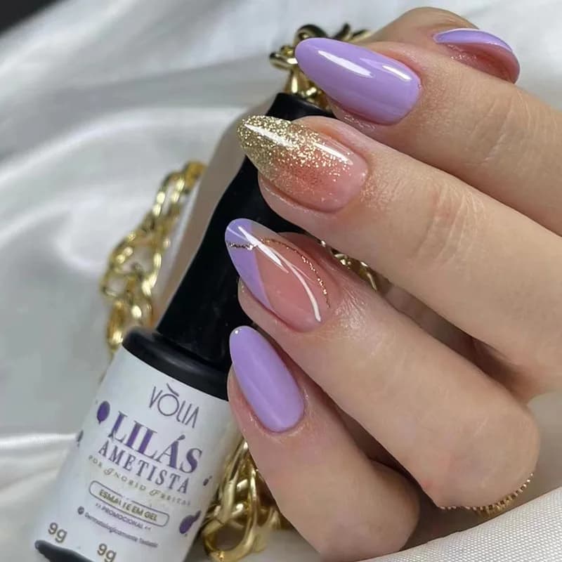 Medium-length fake nails for women and girls, shaded in purple, gray and blue, almond-shaped, with glittering glitter, set of pressed fake nails.