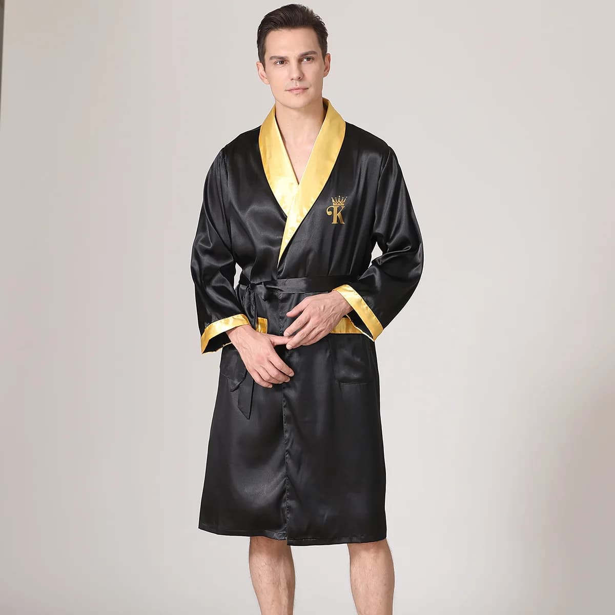 Men's Kimono Dress Awesome Night Dress Loungewear Silk Stain Dresses For Home Dresses Men's Casual Night Dress with Belt