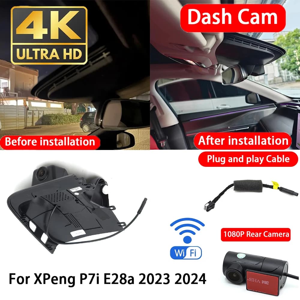 for XPeng P7i E28a 2023 2024 4K Dash Cam Front Rear Car Camera DVR Wifi Plug & Play Video Recorder Loop Recording Night Vision