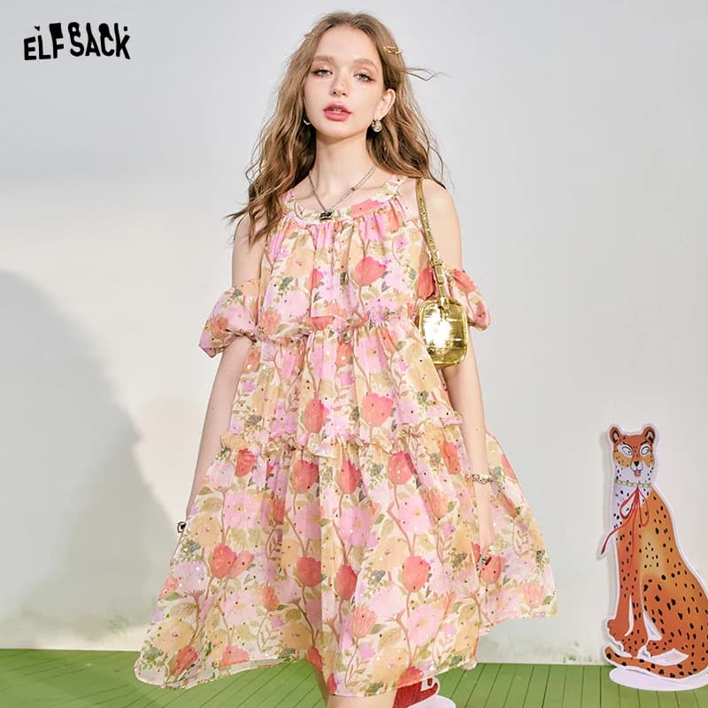 ELFSACK 2024 estate nuovo vestito da principessa per le vacanze in stile femminile con scollo appeso e spalle scoperte