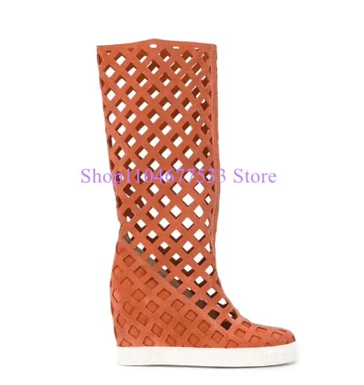 Fashion Hollow Out Woman Sandals Long Boots New 8cm Increasing Wedge Heel Lady Knee High Boots Female Platform Casual Shoes