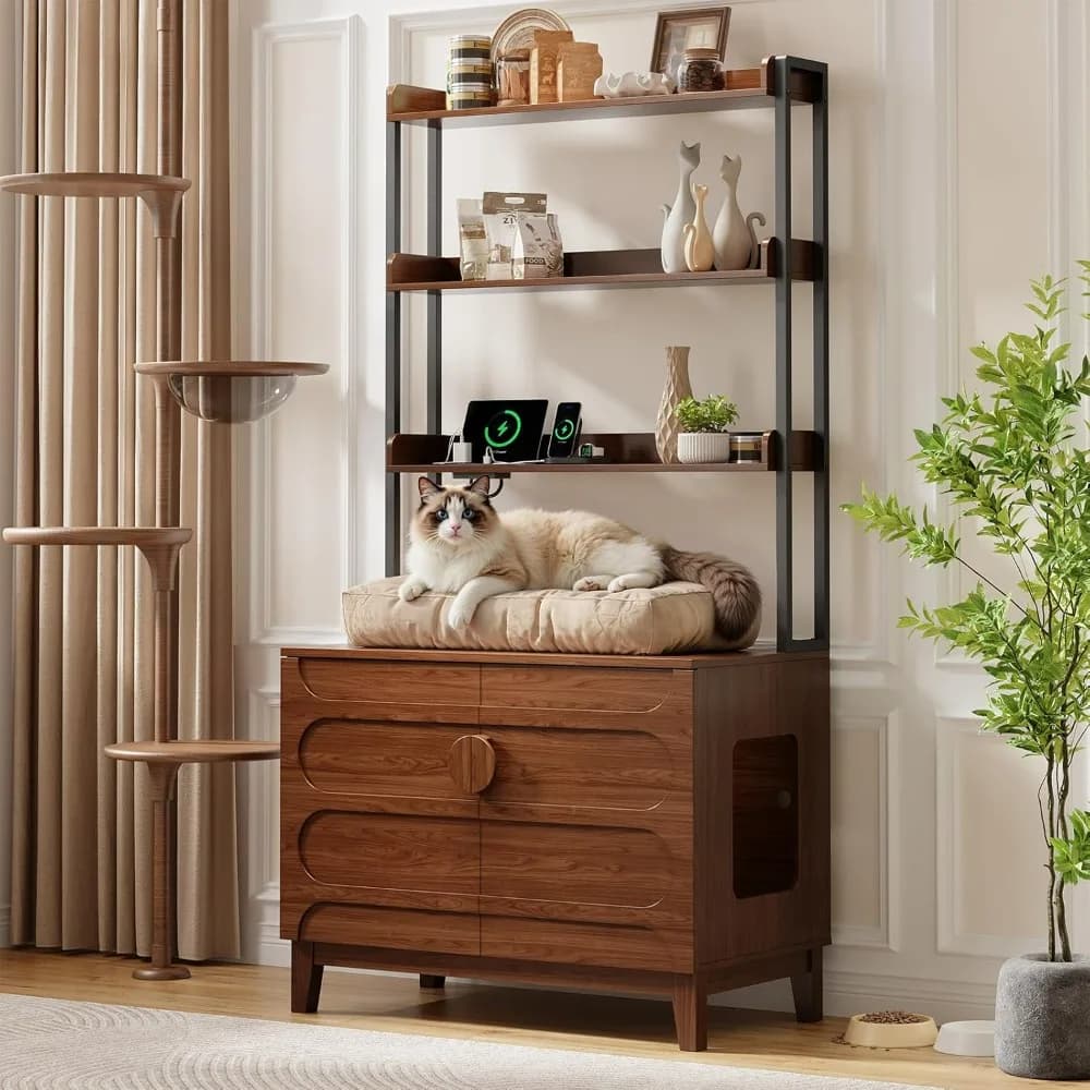 68 inch cat litter cabinet, hidden locker for litter with 4 shelves and power outlet, cat bathroom cabinet
