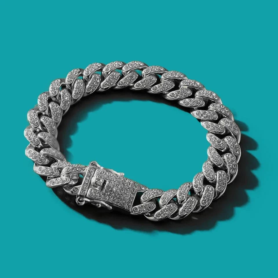 HipHop Men Women 13MM Prong Cuban Link Chain Bracelet Bling Iced Out 2 Row Rhinestone Paved Miami Rhombus Cuban Chain Jewelry